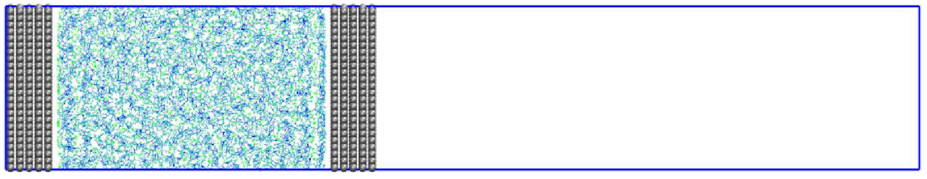 图1: BMI BF4板块结构的模拟盒子在zx平面的快照. 模拟盒子以蓝色长方形表示, 电极(石墨烯)为灰色, 阴阳离子为VMD标准颜色