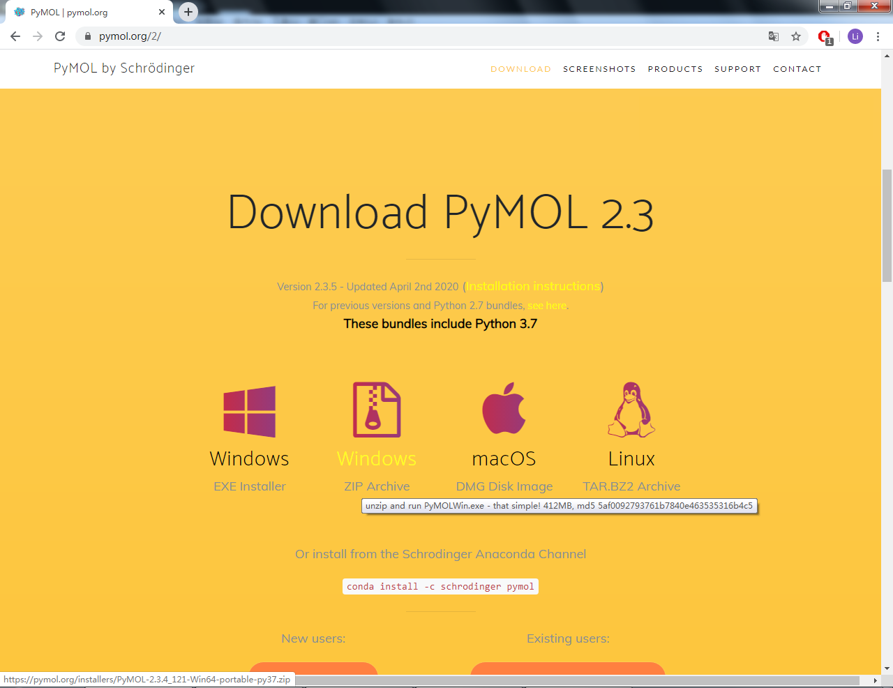 到<a href="https://pymol.org/2/">pymol官方网站</a>直接下载免安装版(第二个), 目前为<code>PyMOL-2.3.4_121-Win64-portable-py37.zip</code>.